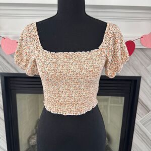 Aerie Floral Smocked Crop Top Square‎ Neck Puff Sleeve Small